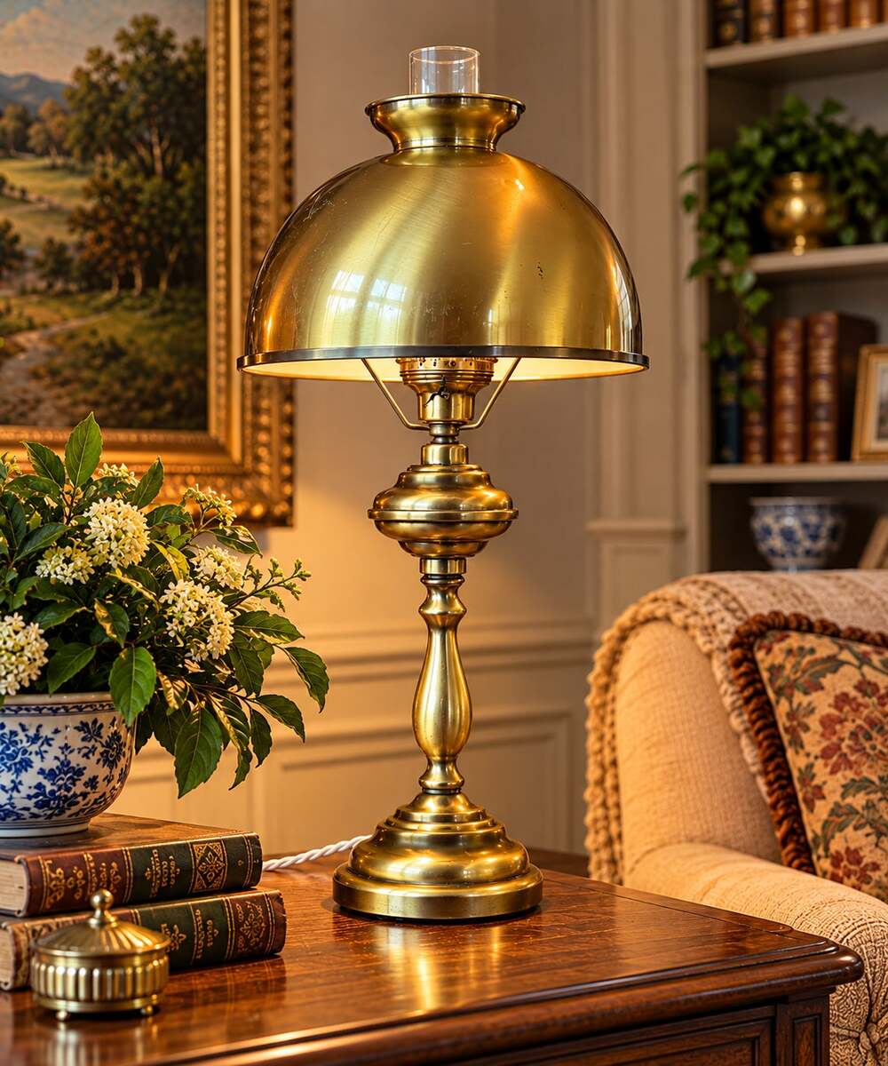 LARGE Vintage Solid Brass Student Table Lamp 28 Inch Dome Shade Library Desk